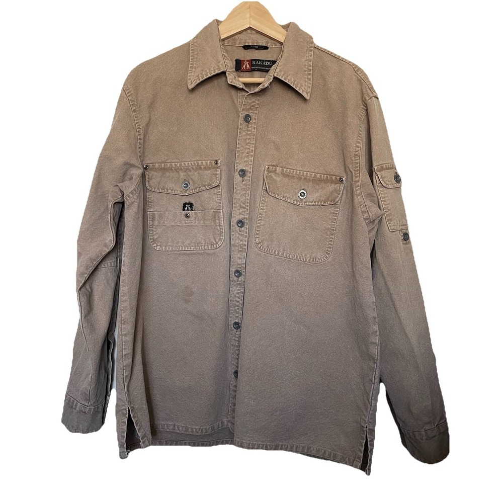 Kakadu Traders Shirt Men Small Tan Brown Canvas Utility Roll Tab Workwear Safari